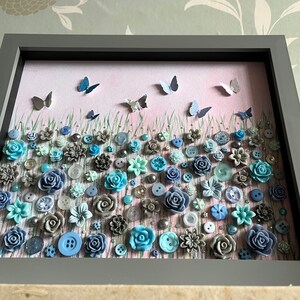 The Grey and Blue Flower Meadow, Button Floral Wall Art, Green and Grey Decor, Button Art Gift, Everlasting Flower Art, Floral Theme Gift, image 6