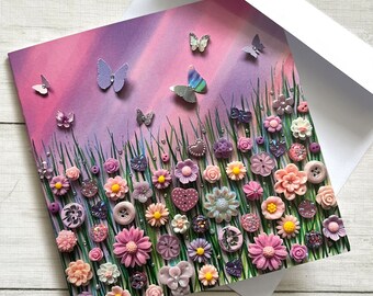 PRINTED (Not 3D) Pink Sky Flower Meadow Greeting Cards, Flat Printed Cards, Pink Flower Art Greeting Card, All Occasion Blank cards