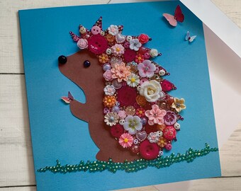 PRINTED (Not 3D) Hedgehog Art Cards, Flat Hedgehog Cards, Pink Floral Hedgehog, Animal Greeting Cards, Blank cards, Hedgehog theme card