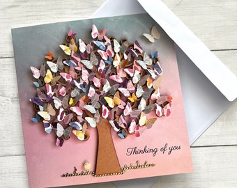 PRINTED (Not 3D) Thinking Of You Card, Flat Printed Cards, Butterfly Tree Print Card, Butterfly Theme Greeting Card, Thinking Of You