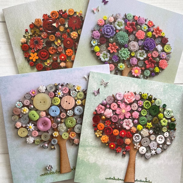 PRINTED (Not 3D) Set of 4 Tree Art Cards, 14x14cm Tree Art Card Set, Original Art Prints, Blank Cards and Envelopes Set, Nature Theme Cards