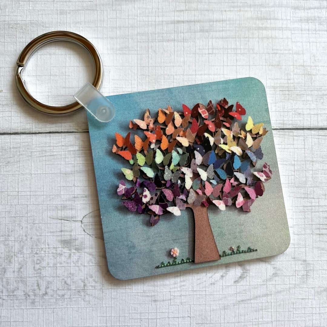 Tree Keyring PRINTED (not 3D) Butterfly Tree Keyring, Square Keyring, Double Sided ...