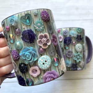 PRINTED Purple Flower Mug, Floral Art Theme Tea Gift, Button Art Mug, 11oz Coffee Mug, Purple Flower Tableware, Purple Theme Kitchenware