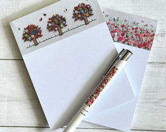 PRINTED Floral Art Memo Pad, Tree Art Stationery, Tear Off Sheet Note Pad, Notepad and Pen Gift, Tree Art Gift, Nature Theme Notepad