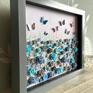 The Grey and Blue Flower Meadow, Button Floral Wall Art, Green and Grey Decor, Button Art Gift, Everlasting Flower Art, Floral Theme Gift, image 2