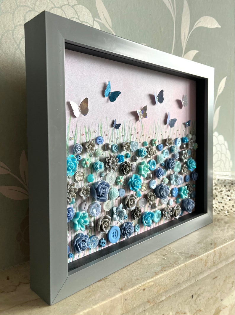 The Grey and Blue Flower Meadow, Button Floral Wall Art, Green and Grey Decor, Button Art Gift, Everlasting Flower Art, Floral Theme Gift, image 2