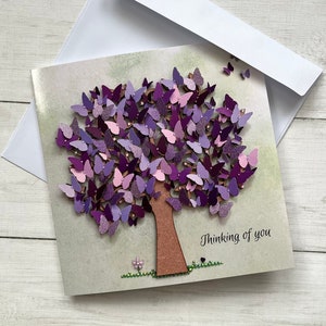 IMPRIMÉ Vous pensez à vous, carte d'arbre papillon mauve, cartes plates imprimées, carte imprimée arbre mauve, carte de voeux papillon, je pense à vous