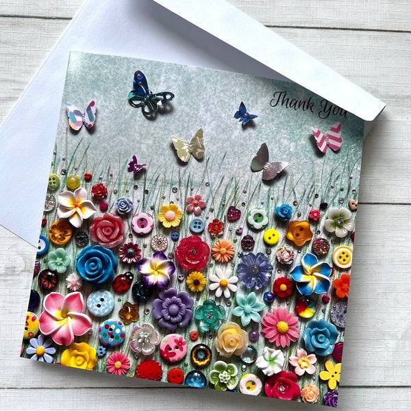 PRINTED Wildflower Thank You Card, Flat (Not 3D) Printed Cards, Floral Art Thank You Card, Blank card, Flower Meadow Thank You Print Card