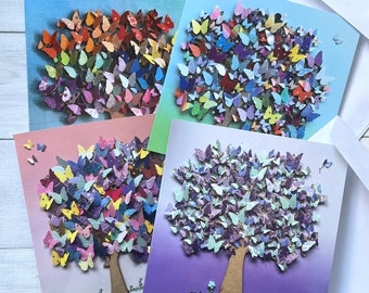 PRINTED (A) Set of 4 Butterfly Tree Cards, 14x14cm Tree Art Card Set, Original Art Prints, Blank Card and Envelopes Set, Nature Theme Cards