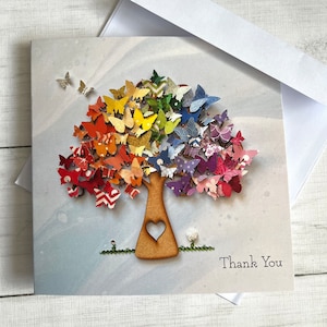 PRINTED (Not 3D) Rainbow Butterfly Tree Thank You Card, Flat Tree Art Printed Cards, Rainbow Thank You Card, Butterfly Print Greeting Card