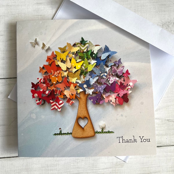 PRINTED (Not 3D) Rainbow Butterfly Tree Thank You Card, Flat Tree Art Printed Cards, Rainbow Thank You Card, Butterfly Print Greeting Card