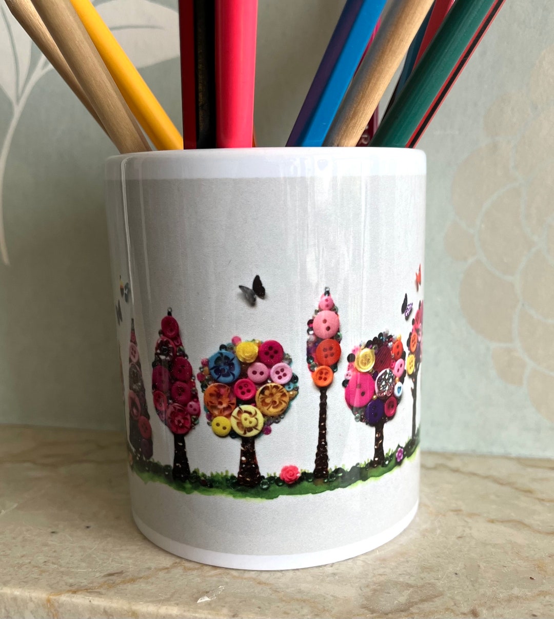 Tree Design Pen PRINTED Multi Colour Tree Art Pen Holder, Ceramic Round Pen Storage ...