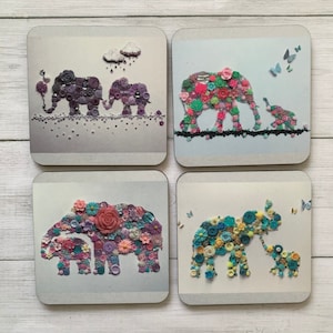 PRINTED (Not 3D) Individual Elephant Coasters, Elephant Theme Gift, New Home Gift, Elephant Decor, Colourful Coasters, Individual Coasters