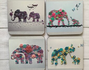 PRINTED (Not 3D) Individual Elephant Coasters, Elephant Theme Gift, New Home Gift, Elephant Decor, Colourful Coasters, Individual Coasters