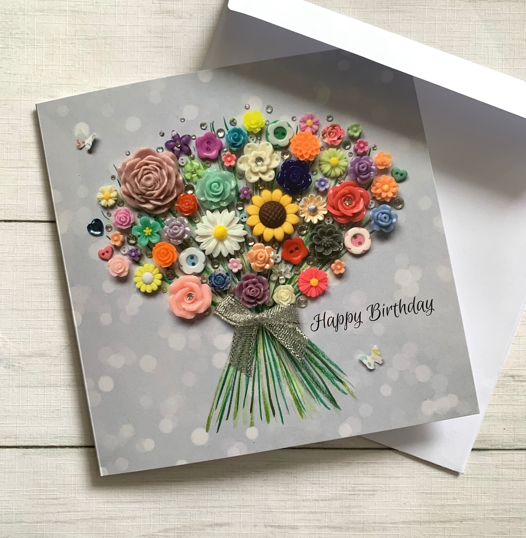 PRINTED Birthday Flower Bouquet Print Cards, Flat Birthday Cards ...