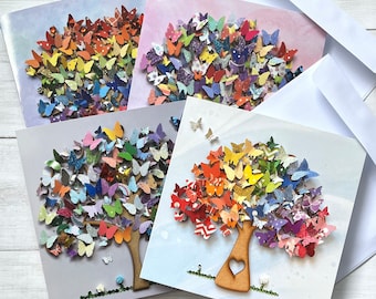 PRINTED (B) Set of 4 Butterfly Tree Cards, 14x14cm Tree Art Card Set, Original Art Prints, Blank Cards and Envelopes Set, Nature Theme Cards