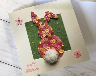 PRINTED (Not 3D) Bunny Birthday Cards, Flat Art Cards, Bunny Pun Card, Button Art Card, Birthday Card, Blank card, Colourful birthday