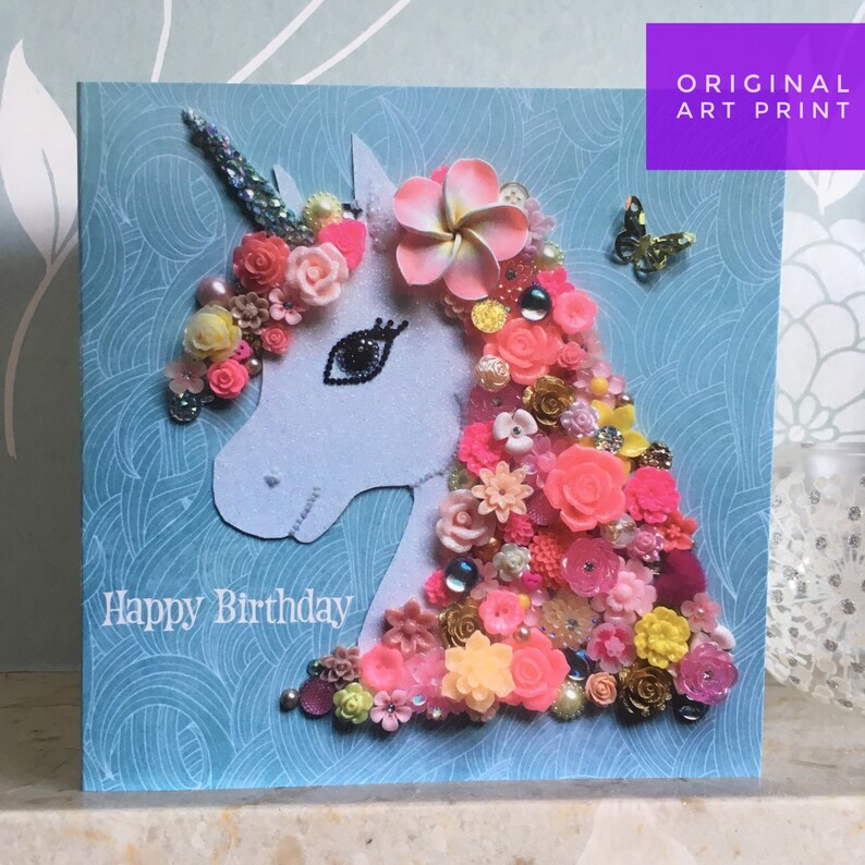 PRINTED Not 3D Unicorn Cards, Birthday Cards, Pink Unicorn Card, Button Art Card, All Occasion Card, Blank card, Colourful birthday Card image 4