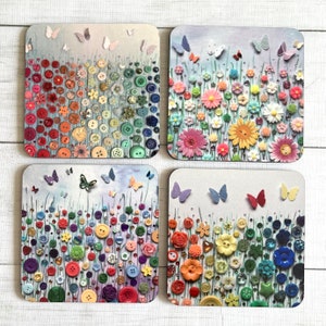 PRINTED Individual Flower Meadow Coasters, Floral Rainbow Theme Tableware, Meadow Art Drinks Mat, Cork Backed Coaster, Flower Theme Gifts