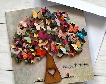 PRINTED Birthday Butterfly Tree Cards, Flat Birthday Cards, Multicolour Butterfly Theme Card, Birthday Card, Glossy printed cards, Tree Card