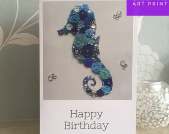 PRINTED Seahorse Art Birthday Cards, Flat Printed Cards, Seahorse Theme Birthday, Glossy printed cards, Blank cards, Colourful Birthday Card