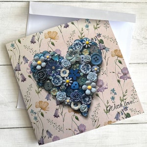 IMPRIMÉ Blue Floral Heart Card, Glossy With Love Card, Flat Printed Card, Floral With Love Card, Blue Flowers, Heart Theme Greeting Card