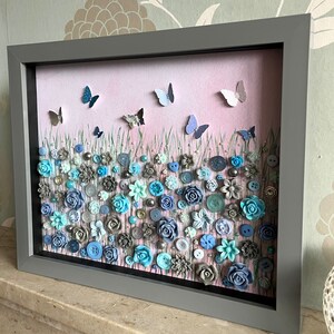 The Grey and Blue Flower Meadow, Button Floral Wall Art, Green and Grey Decor, Button Art Gift, Everlasting Flower Art, Floral Theme Gift, image 4