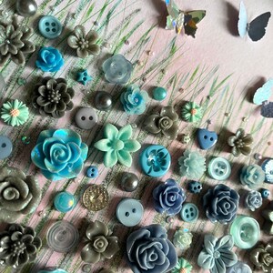 The Grey and Blue Flower Meadow, Button Floral Wall Art, Green and Grey Decor, Button Art Gift, Everlasting Flower Art, Floral Theme Gift, image 5