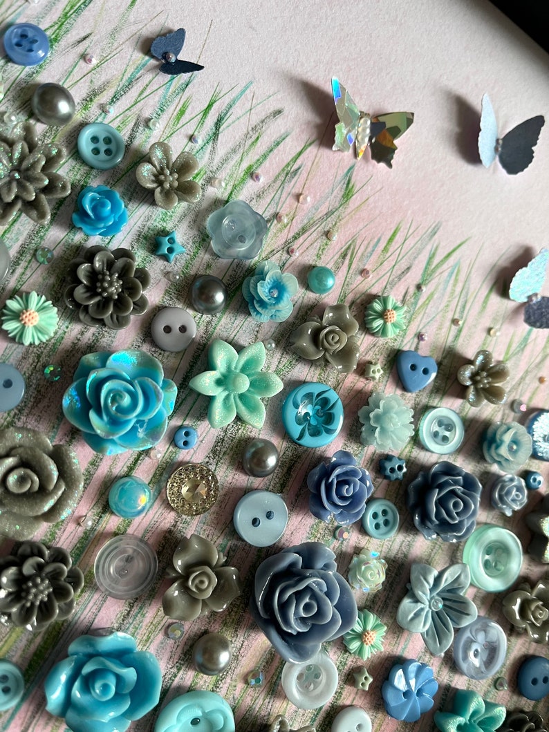 The Grey and Blue Flower Meadow, Button Floral Wall Art, Green and Grey Decor, Button Art Gift, Everlasting Flower Art, Floral Theme Gift, image 5
