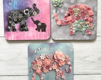 PRINTED Individual Elephant Art Coasters, Elephant Theme Gift, Cork Backed Drinks Mat, Colourful Elephant Decor, Individual Animal Coasters