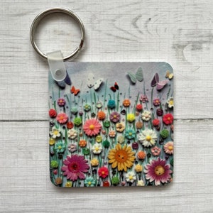 PRINTED (Not 3D) Floral Art Keyring, Square Keyring, Double Sided  Keyring, Flower Art Keyring, Blossom Tree Art Gift, Rainbow Keyring