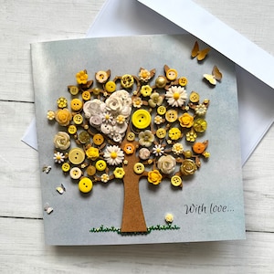 IMPRIMÉ (pas 3D) avec carte d’art d’arbre de coeur d’amour, avec carte d’amour, cartes imprimées plates, carte de vœux sur le thème de l’arbre jaune, carte d’impression d’art originale