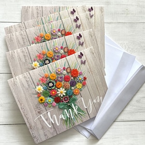 IMPRIMÉ (pas en 3D) Lot de 5 cartes de remerciement bouquet, oeuvre d'art de bouquet de fleurs, 5 cartes avec enveloppes, cartes de remerciement sur le thème des fleurs