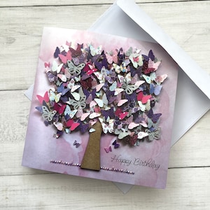 IMPRIMÉE Cartes d'anniversaire avec papillon rose, cartes d'anniversaire plates, carte à thème papillon rose, carte d'anniversaire, cartes imprimées sur papier glacé, carte d'arbre