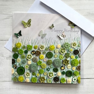 Cartes d'anniversaire florales (pas en 3D), carte d'anniversaire plate, carte à thème prairie de fleurs vertes, carte d'anniversaire, cartes imprimées brillantes, carte prairie