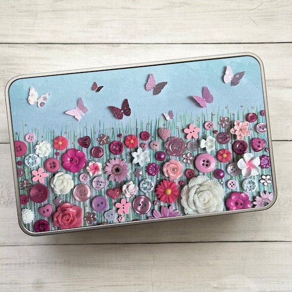 PRINTED Flower Meadow Art Storage Tin, Rainbow Floral Theme Storage, Tin Anniversary Gift, Rectangular Jewellery Tin, Sweet Storage Tin