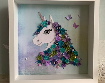 The Purple Floral Unicorn, Unicorn Theme Decor, Teal Unicorn Wall Art, Nursery Decor, Button Art, Flower Theme Decor, Unicorn gift
