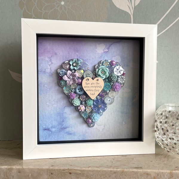 The Mum Quote Pastel Flower Heart, Button Heart Decor, Heart Mum Theme Decor, Gifts For Mum, Lilac Floral Framed Gift, Everlasting Flowers