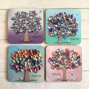 PRINTED Individual Thank You Butterfly Coasters, Tree Art Drinks Mat, Tree Thank You Gift, Butterfly Tree Coasters, Colourful Tree Tableware