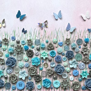 The Grey and Blue Flower Meadow, Button Floral Wall Art, Green and Grey Decor, Button Art Gift, Everlasting Flower Art, Floral Theme Gift, image 10