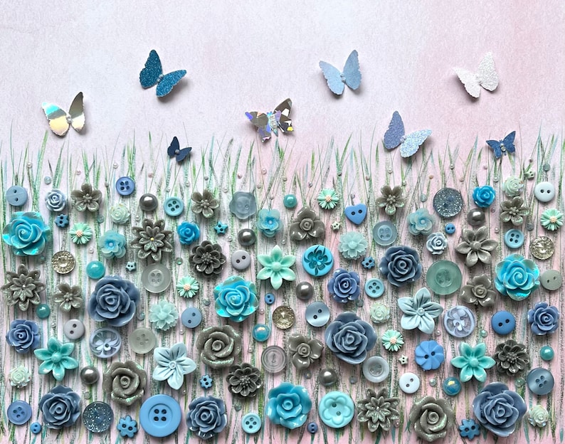 The Grey and Blue Flower Meadow, Button Floral Wall Art, Green and Grey Decor, Button Art Gift, Everlasting Flower Art, Floral Theme Gift, image 10