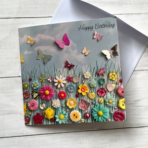 Cartes d'anniversaire imprimées prairie de fleurs, carte d'anniversaire plate, carte à thème prairie de fleurs roses, carte d'anniversaire, cartes imprimées sur papier glacé, carte prairie