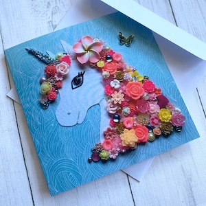 PRINTED Not 3D Unicorn Cards, Birthday Cards, Pink Unicorn Card, Button Art Card, All Occasion Card, Blank card, Colourful birthday Card image 1