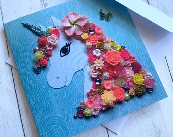 PRINTED (Not 3D) Unicorn Cards, Birthday Cards, Pink Unicorn Card, Button Art Card, All Occasion Card, Blank card, Colourful birthday Card