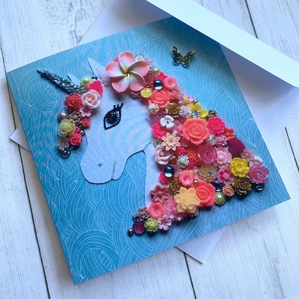 PRINTED (Not 3D) Unicorn Cards, Birthday Cards, Pink Unicorn Card, Button Art Card, All Occasion Card, Blank card, Colourful birthday Card