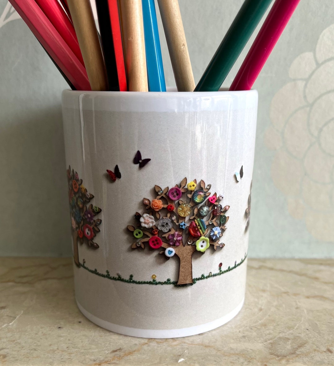 Tree Design Pen PRINTED Colourful Tree Art Pen Holder, Ceramic Round Pen Storage, Tree ...