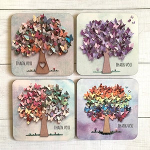 PRINTED Individual Thank You Butterfly Coasters, Tree Art Drinks Mat, Tree Thank You Gift, Butterfly Tree Coasters, Tree Theme Tableware
