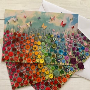 Set Of 3 PRINTED (Not 3D) A5 Floral Postcards, Rainbow Flower Postcard Pack, Flower Meadow Art Postcards, Printed Postcards and Envelopes