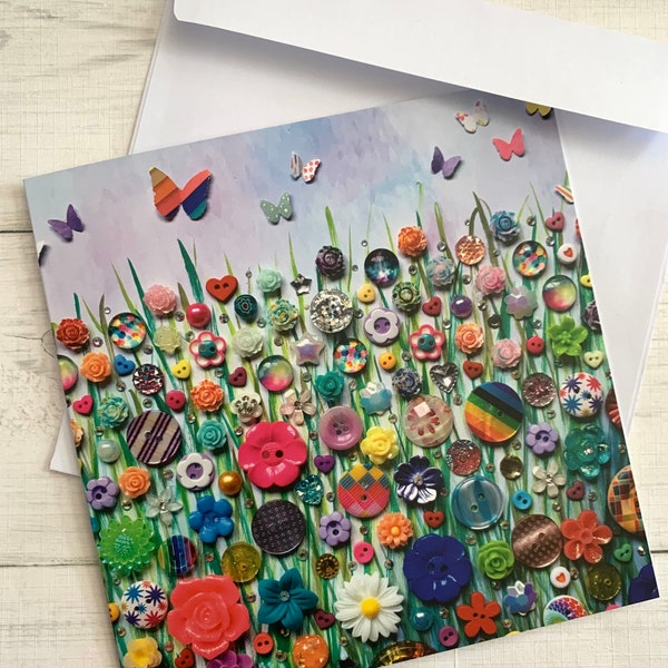 PRINTED Rainbow Meadow Greeting Cards, Flat Printed Cards, Rainbow Floral Art Greeting Card, All Occasion Blank cards, Colour Flower Garden