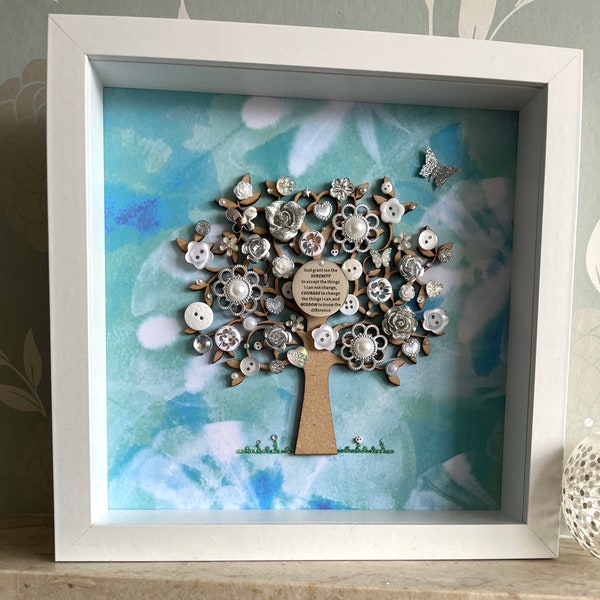 The Serenity Button Tree, White Button Art Tree, Serenity Prayer wall Art, Green and Blue Decor, Unique Quote Art Tree Gift,